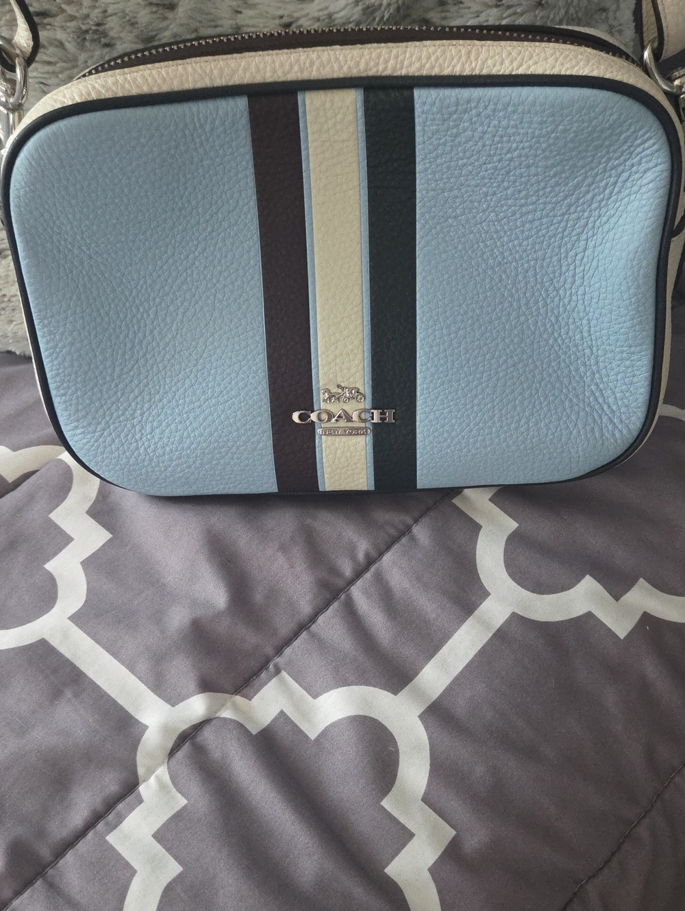 Coach Pale Blue Leather Camera Bag with Stripe Accent